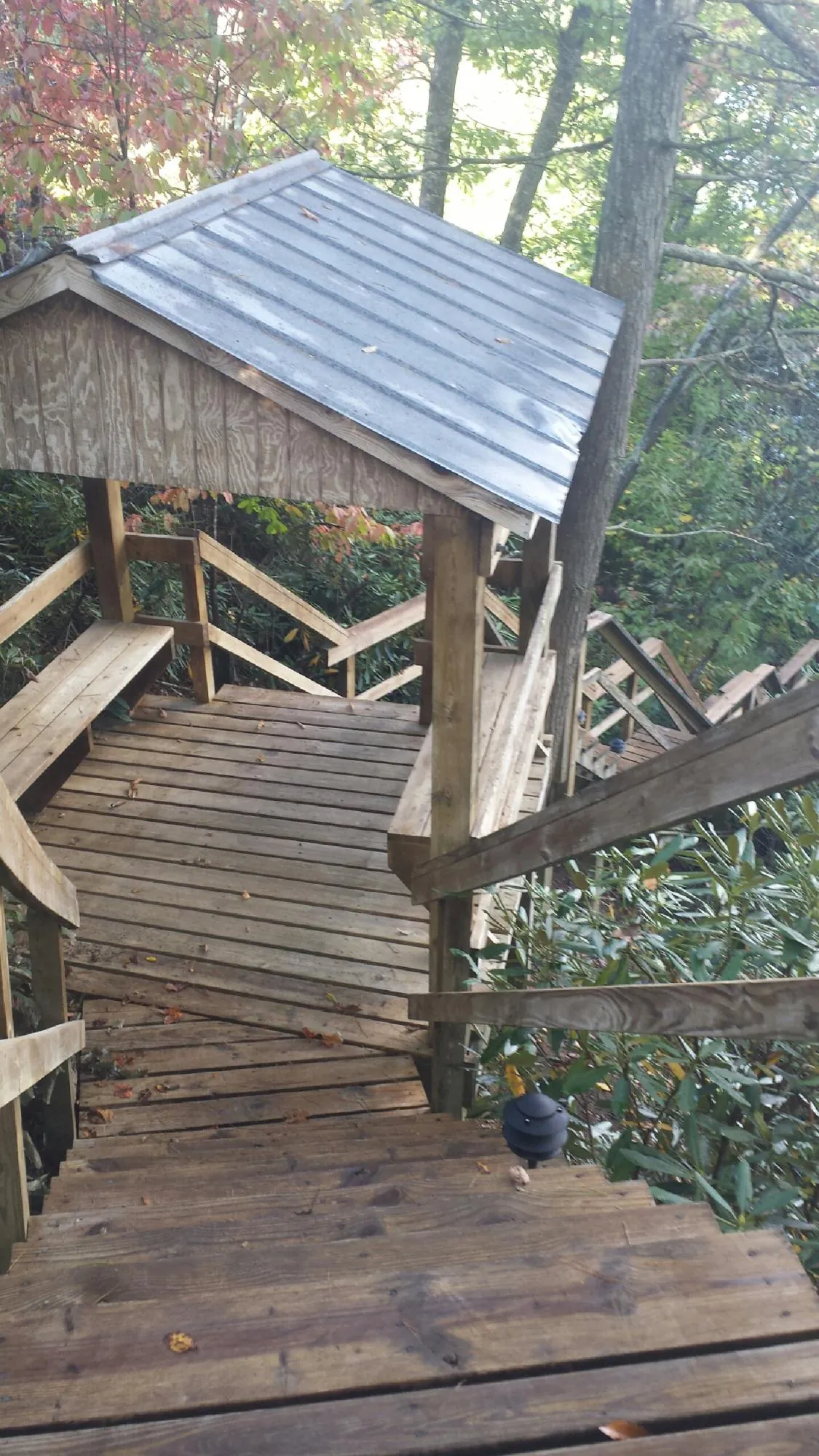 Metal roofed shelter over wooden steps on a wooded walkway — Skylight Repair & Installation work by our crew in Waretown